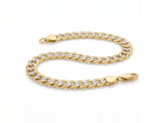 Flat Curb Bracelet - Two Tone Diamond Cut 14K Gold Vermeil 925 Sterling Silver
