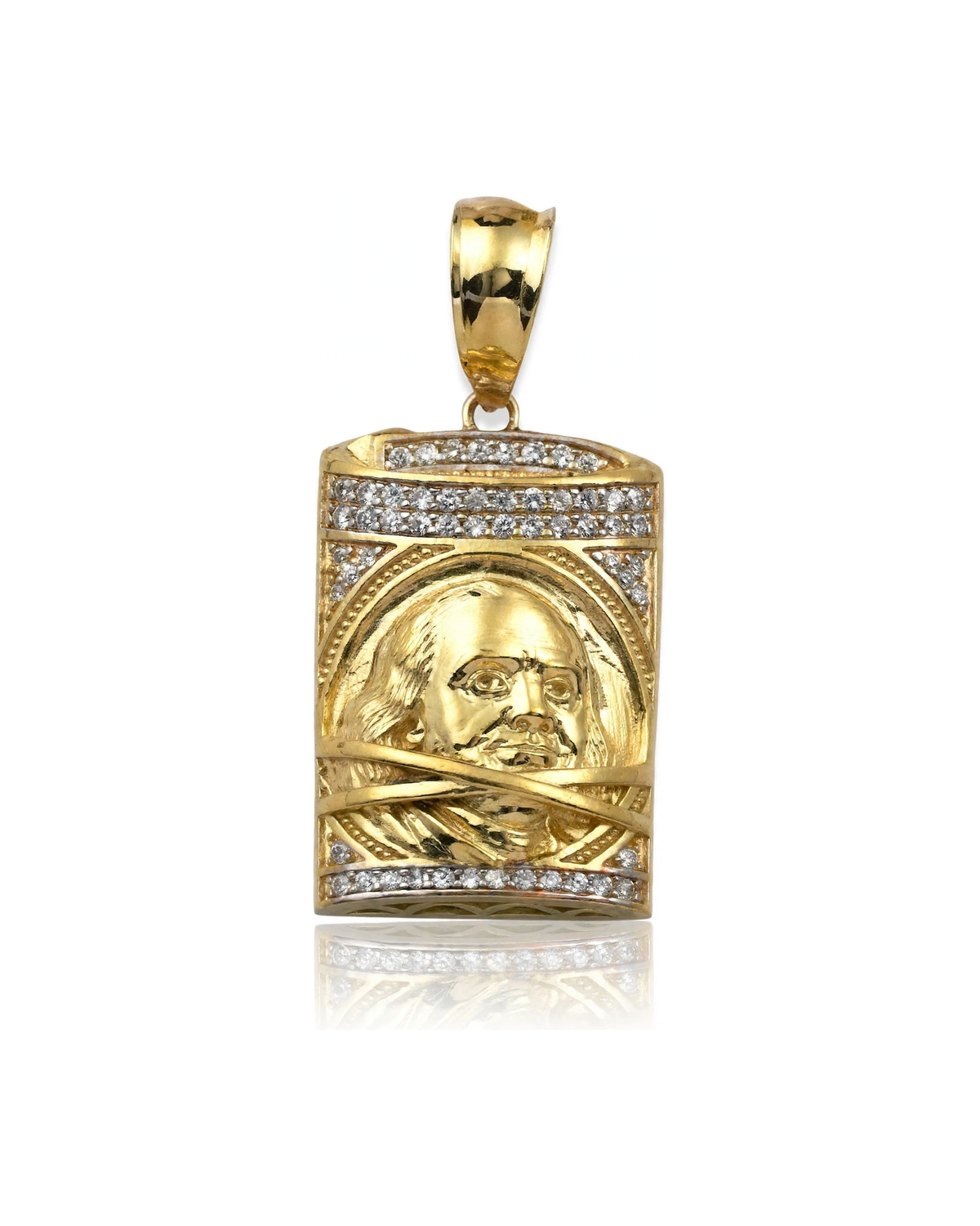 Benjamin Franklin Pendant Dog Tag with CZ Bands - 10K Gold