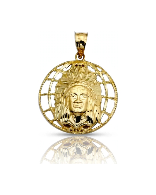 Indian Chief Pendant Globe Grid - 10K Yellow Gold