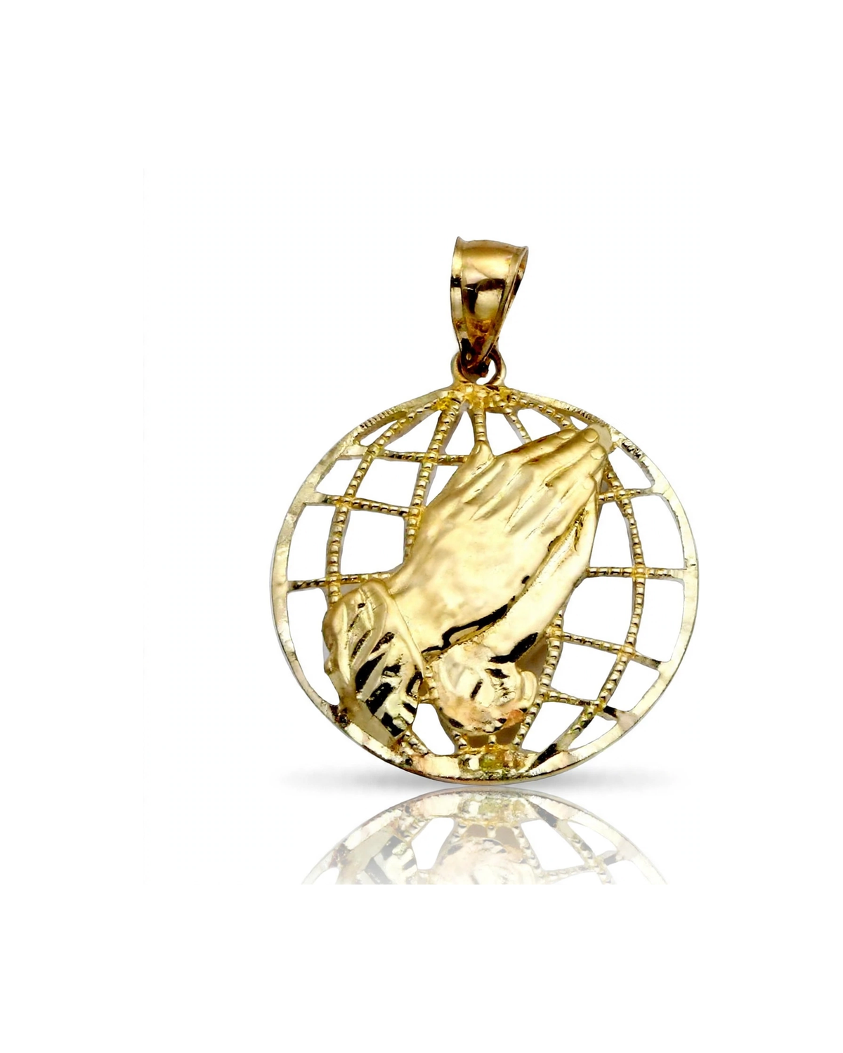 Praying Hands Pendant Globe Grid - 10K Yellow Gold