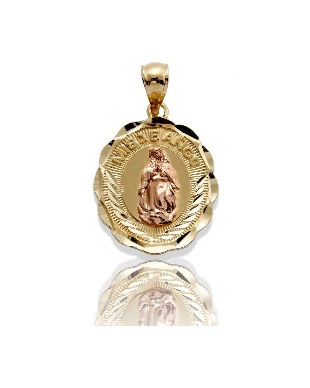 Virgin Mary Guadalupe Pendant Round Coin Rose - 10K Gold