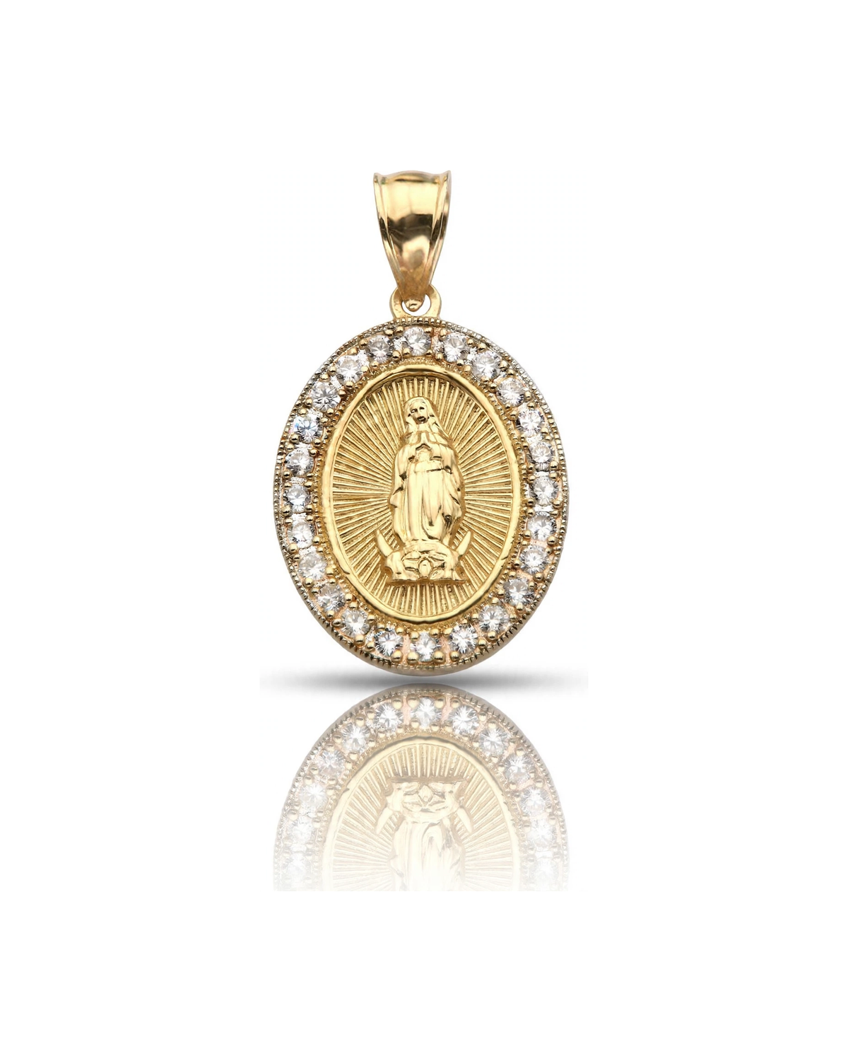 Virgin Mary Guadalupe Oval Pendant with CZ Halo Small - 10K Gold