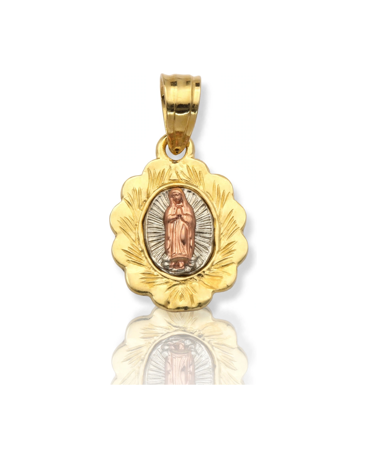 Virgin Mary Guadalupe Pendant Mini Round Tri-Tone - 10K Gold