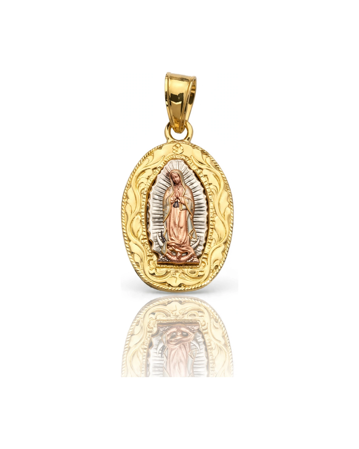 Virgin Mary Guadalupe Pendant Mini Scallop Tri-Tone - 10K Gold