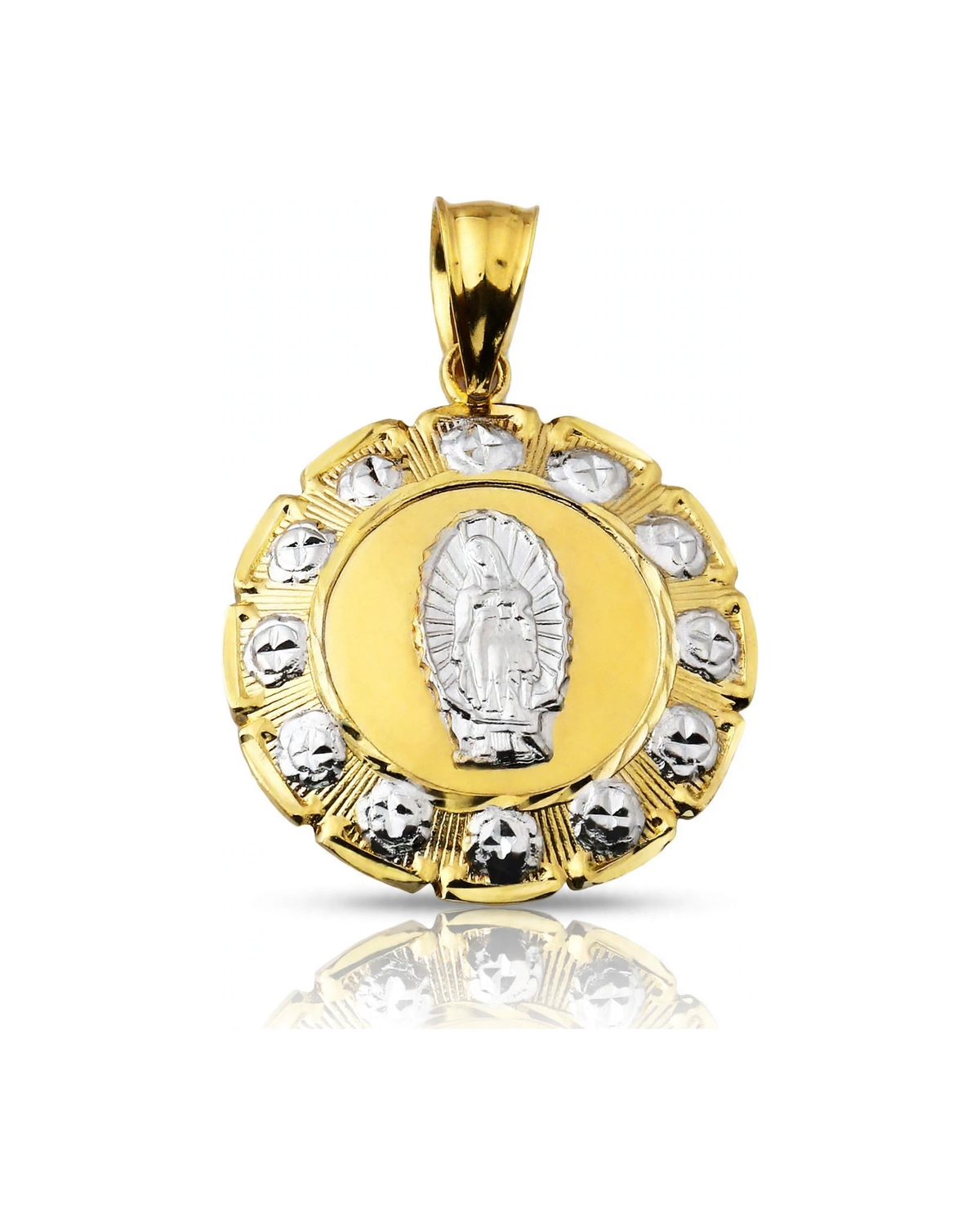 Virgin Mary Guadalupe Medallion Pendant with White Gold Center - 10K Gold
