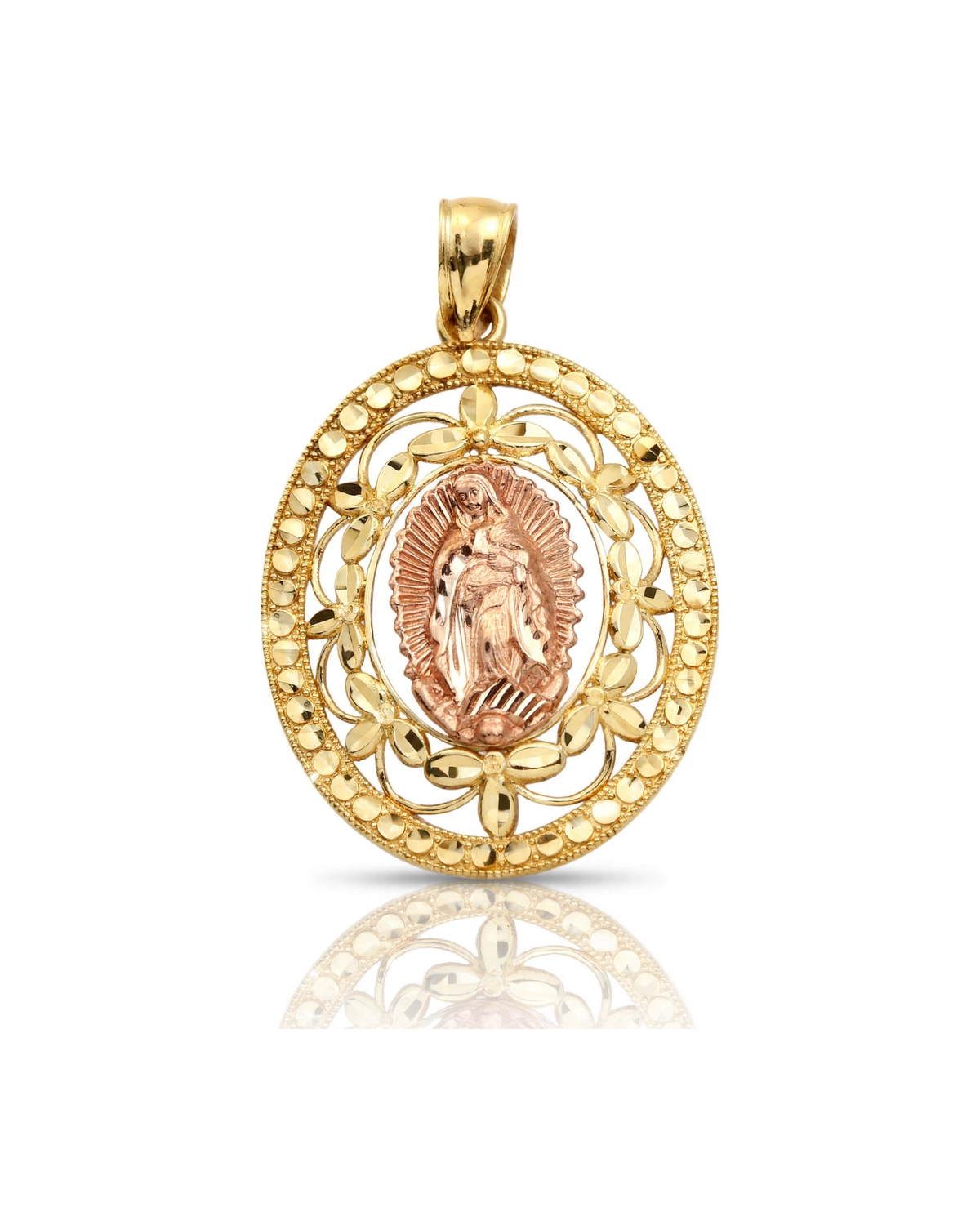 Virgin Mary Guadalupe Pendant Oval Ornate Frame Rose Center - 10K Gold