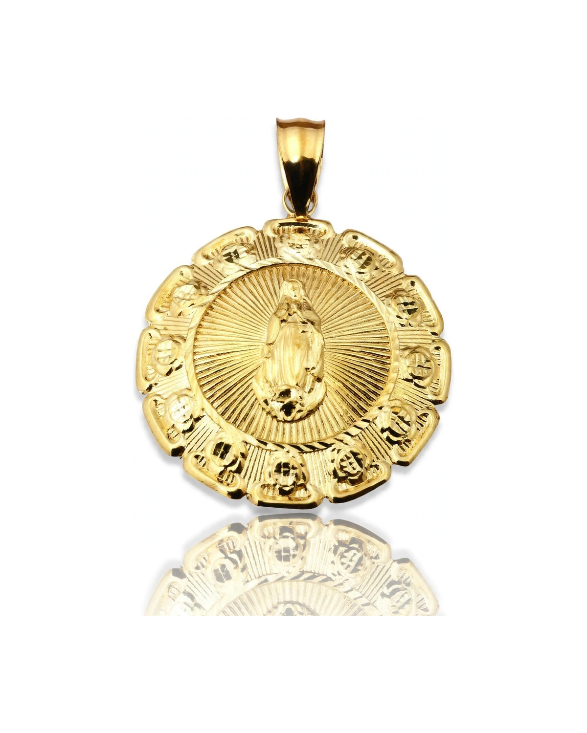 Virgin Mary Guadalupe Scalloped Medallion Pendant Small - 10K Yellow Gold