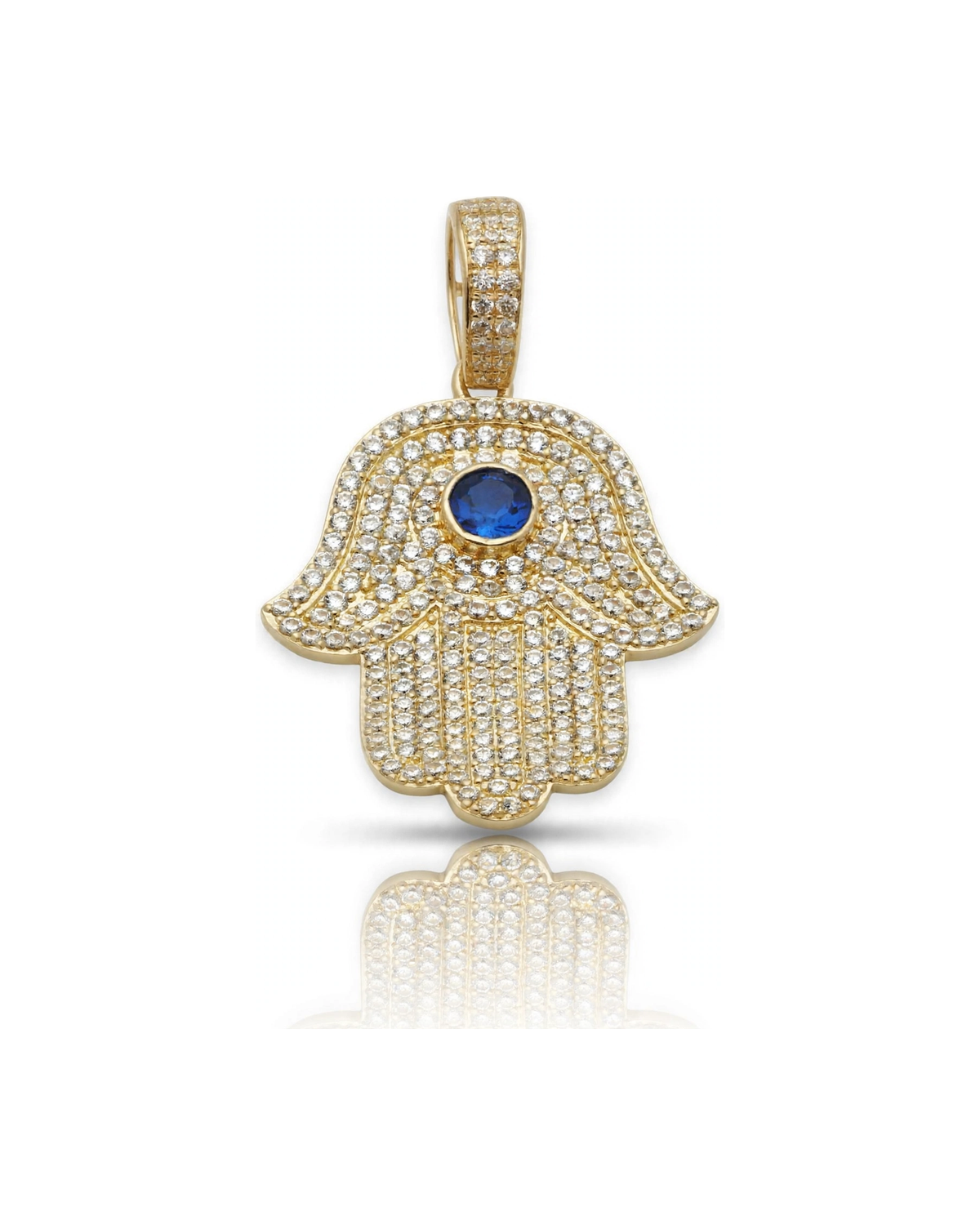 Hamsa Hand Pendant Full CZ with Blue Center - 10K Gold