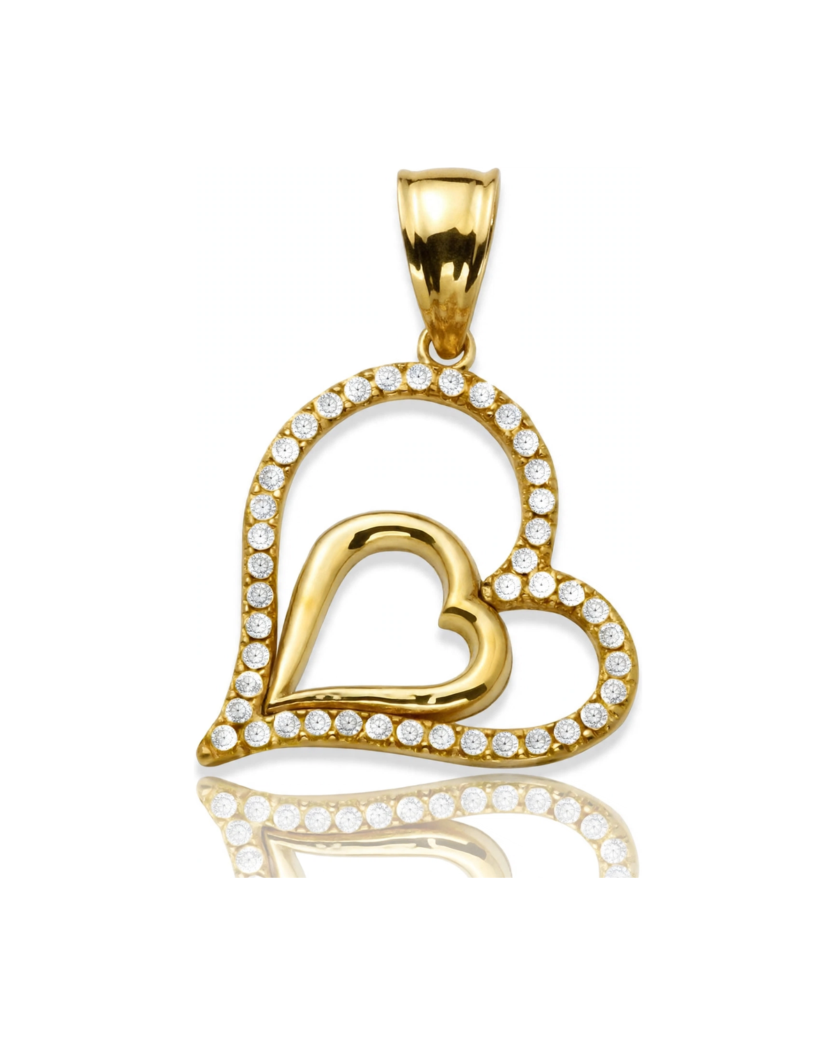 Double Heart Pendant with CZ Outline - 10K Gold