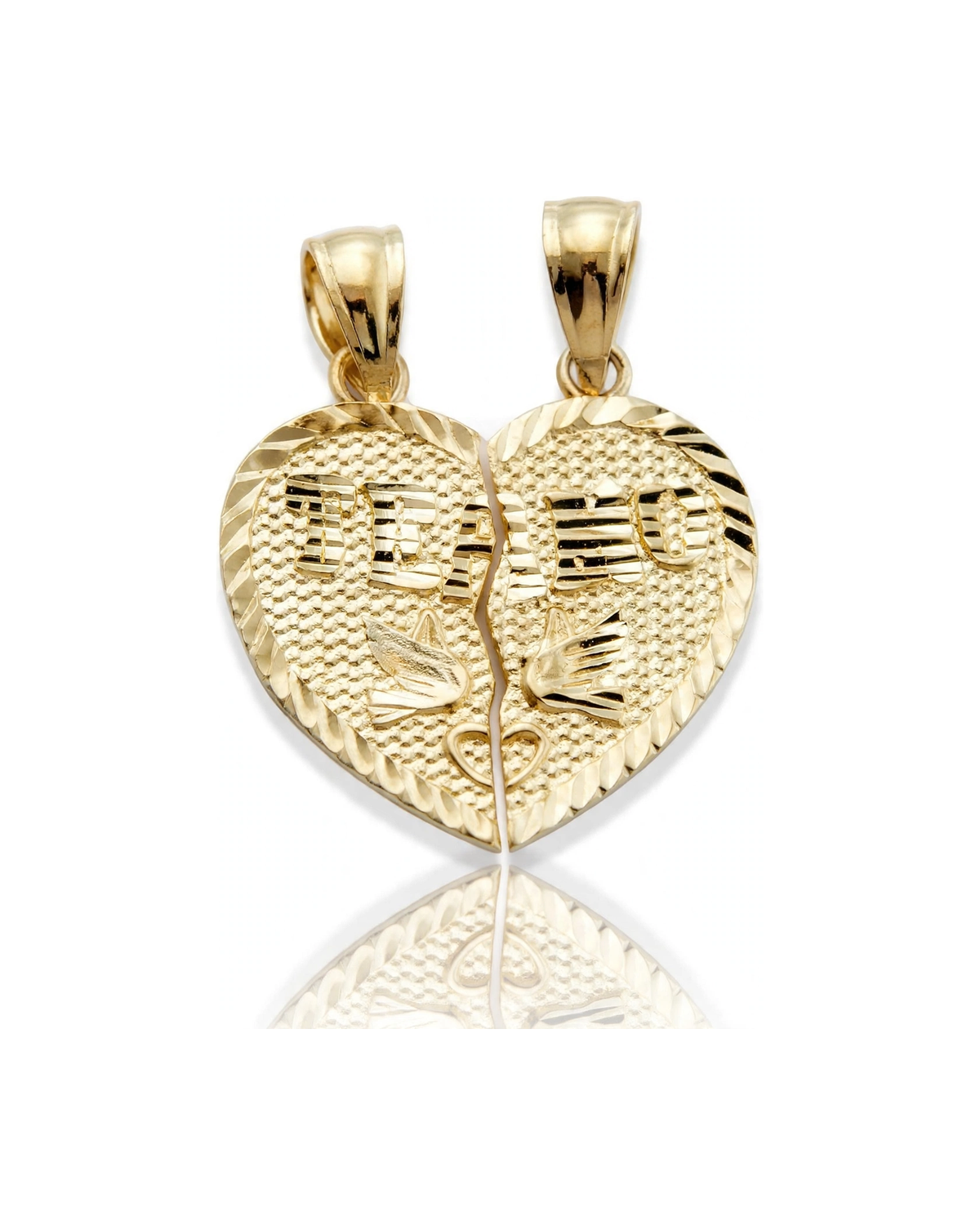 Heart Pendant Mizpah Pair Textured - 10K Yellow Gold
