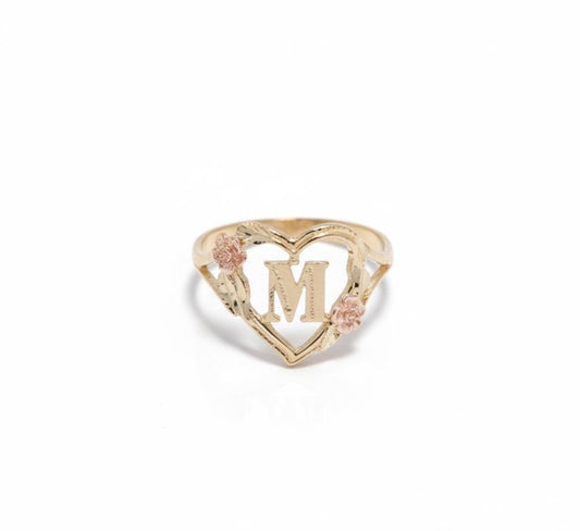 10k Solid Gold Heart with Rose Initial Ring, Personalized Alphabet Letter Ring, Love Valentine Gift Jewelry for Women & Girls