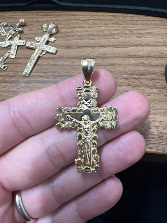 10k Yellow Nugget Gold Cross Pendant with Jesus Crucifix – Religious Christian Charm for Men or Women, Solid Gold Faith Jewelry