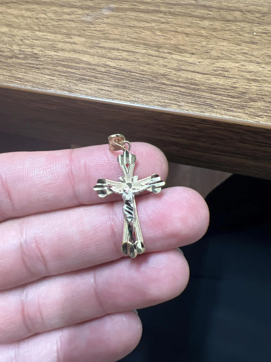 10k Yellow Gold Cross Pendant with Jesus Crucifix – Religious Christian Charm for Men or Women, Solid Gold Faith Jewelry