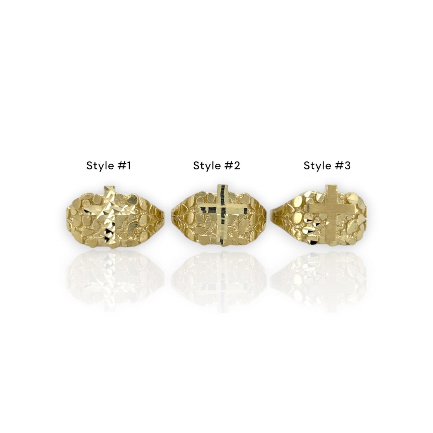 10K Yellow Gold Nugget Ring with Diamond-Cut Cross - Religious Ring - Varation Styles