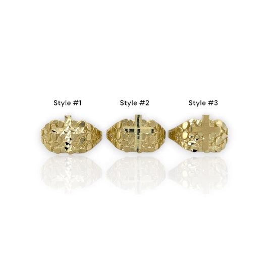 10K Yellow Gold Nugget Ring with Diamond-Cut Cross - Religious Ring - Varation Styles