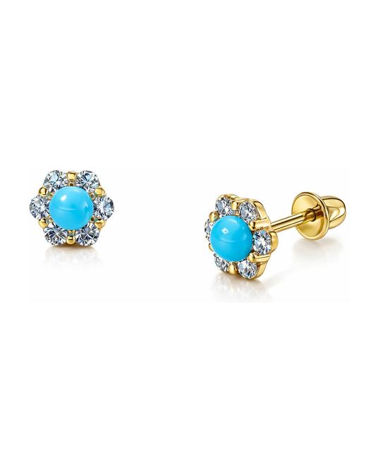 14K Yellow Gold Turquoise Stud Earrings with Screw Back - 6.5mm