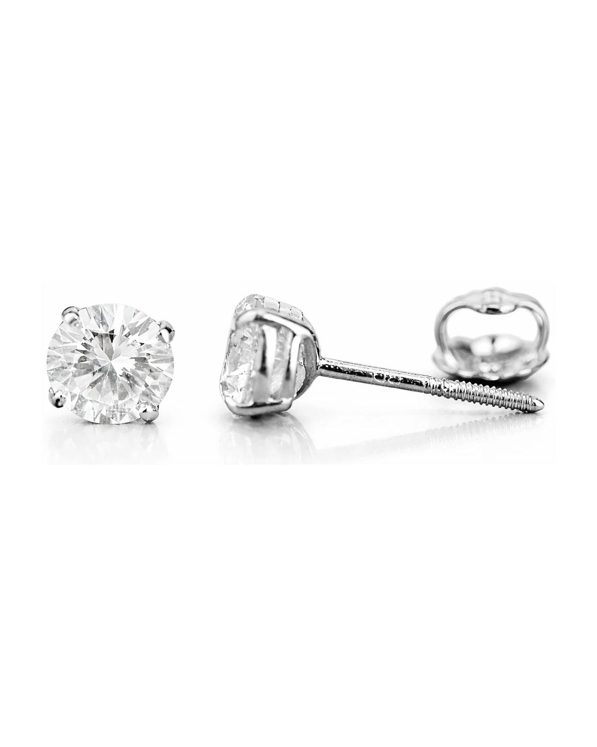 14K White Gold Round CZ Stud Earrings with Screw Back - 3mm to 12mm