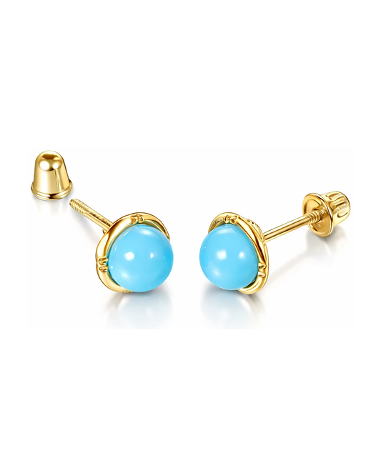 14K Yellow and White Gold Round Turquoise Stud Earrings with Screw Back