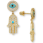 14K Yellow and White Gold Evil Eye Hamsa Dangle Earrings with Screw Back