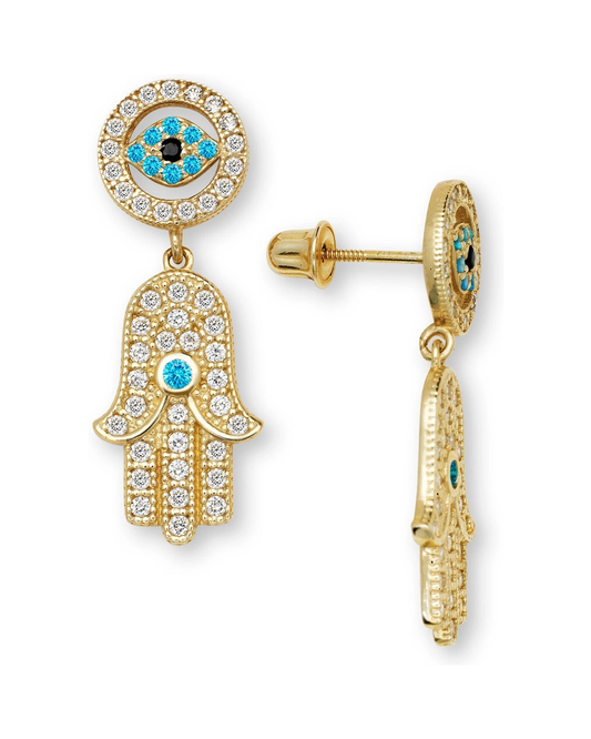 14K Yellow and White Gold Evil Eye Hamsa Dangle Earrings with Screw Back