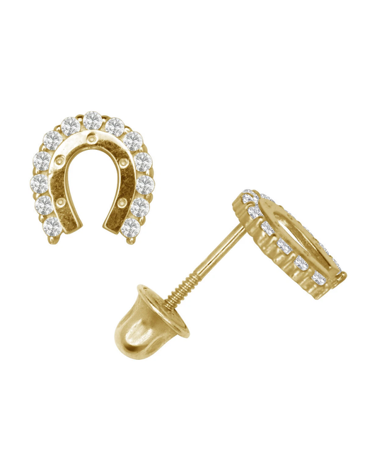 14K Yellow and White Gold Horseshoe CZ Stud Earrings with Screw Back
