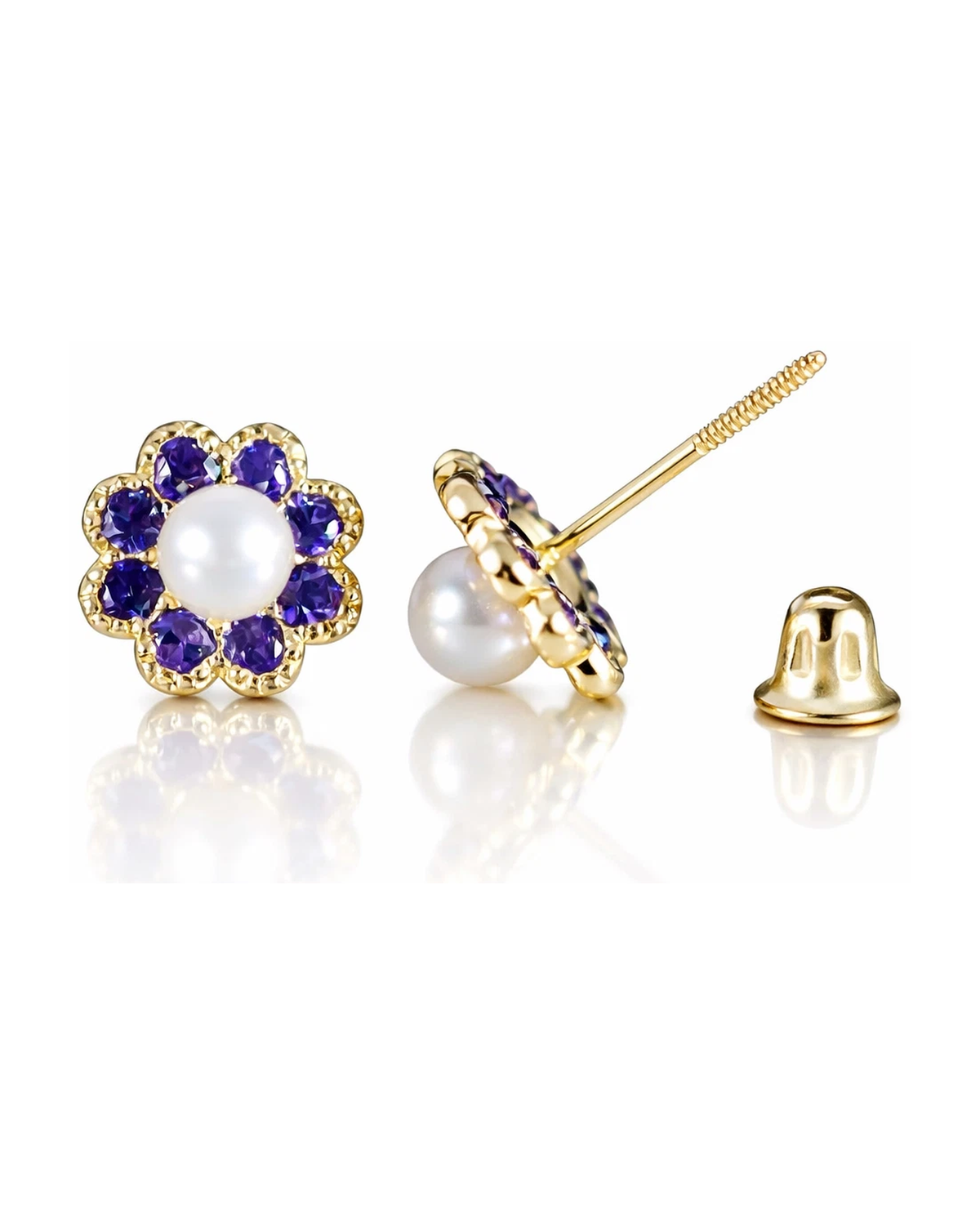 14K Yellow and White Gold Flower Pearl CZ Birthstone Stud Earrings with Screw Back