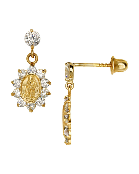14K Yellow Gold Virgen de Guadalupe CZ Stud Earrings with Screw Back