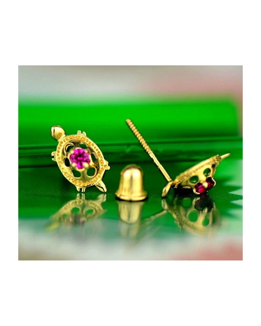 14K Yellow Gold Turtle CZ Stud Earrings with Screw Back