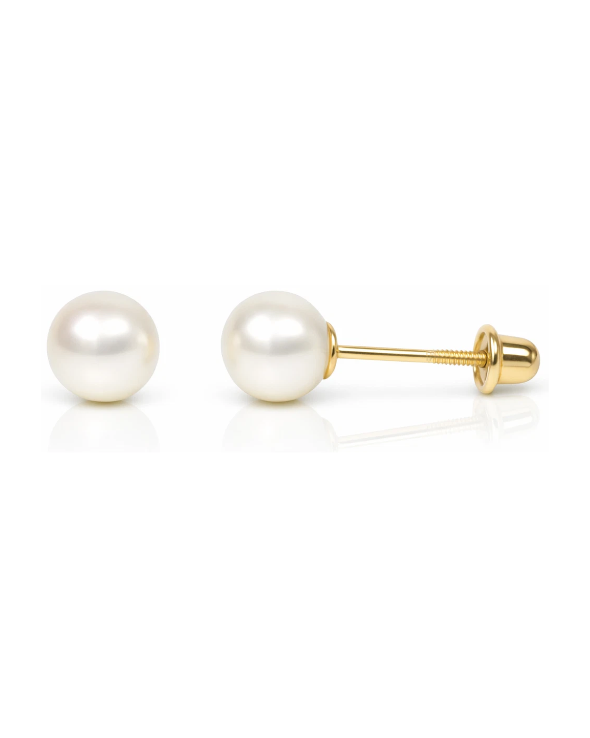 14K Yellow Gold Genuine White Pearl Stud Earrings with Screw Back - 3mm to 8.5mm