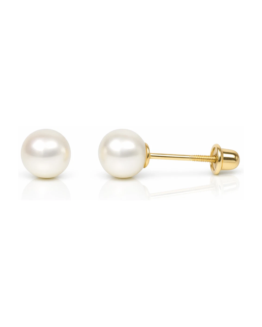 14K Yellow Gold Genuine White Pearl Stud Earrings with Screw Back - 3mm to 8.5mm