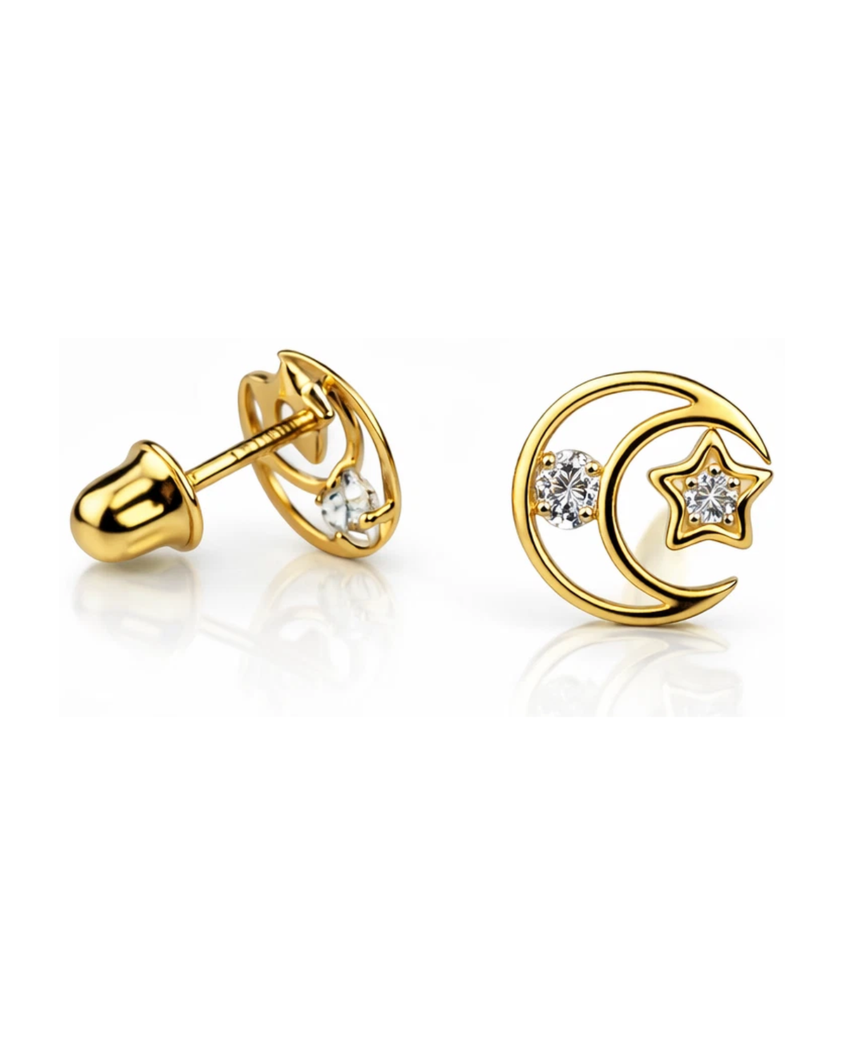 14K Yellow and White Gold Moon and Star CZ Stud Earrings with Screw Back
