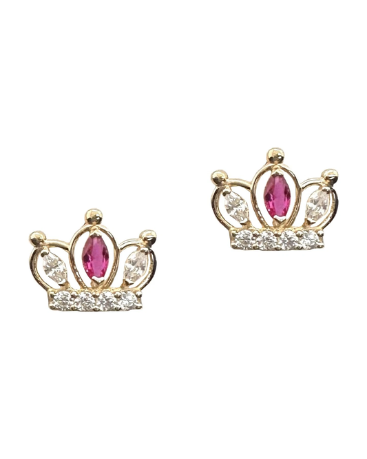 14K Yellow Gold Crown CZ Stud Earrings with Screw Back