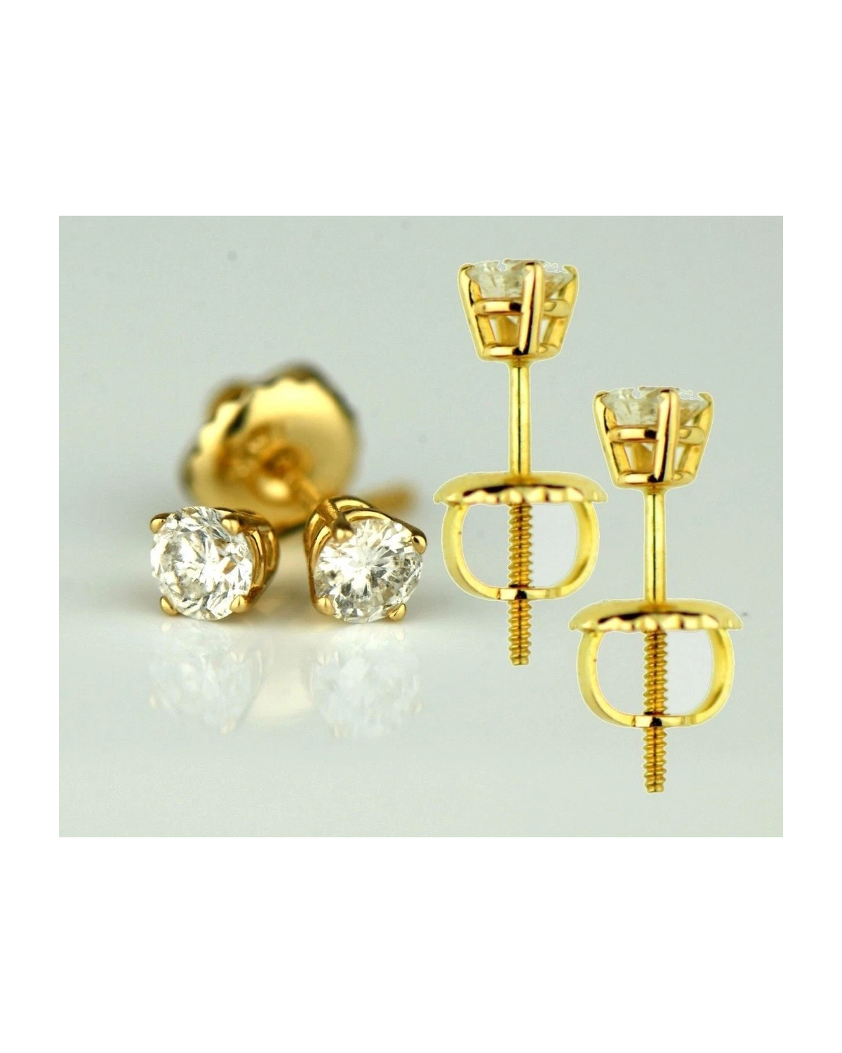 14K Yellow Gold Round Diamond Stud Earrings with Screw Back - 0.25 CT TW