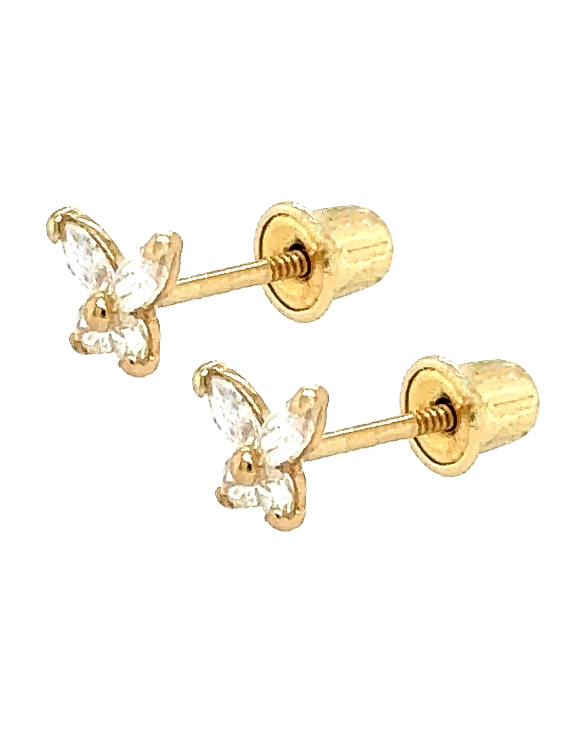 14K Yellow and White Gold Tiny Butterfly CZ Stud Earrings with Screw Back