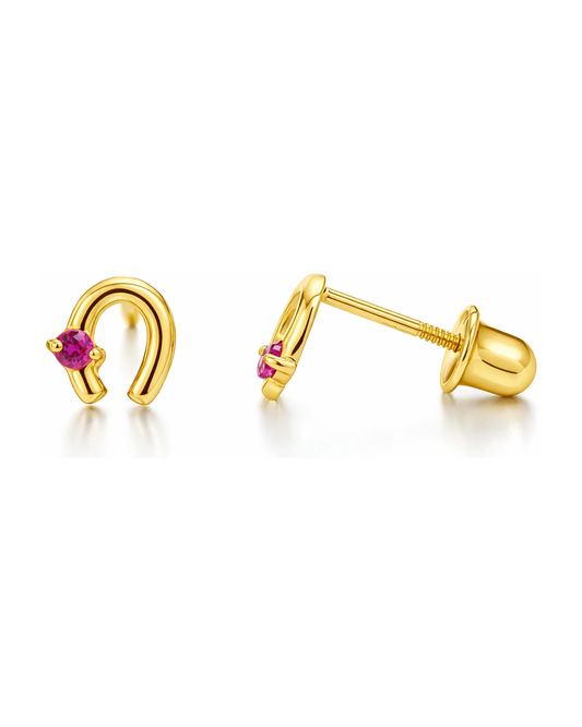 14K Yellow and White Gold Horseshoe CZ Stud Earrings with Screw Back - Clear, Pink and Ruby