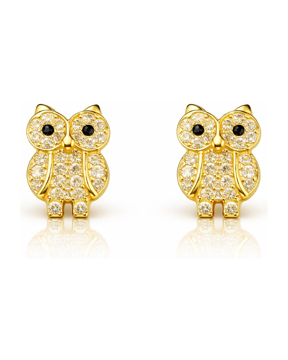 14K Yellow and White Gold Owl CZ Stud Earrings with Screw Back