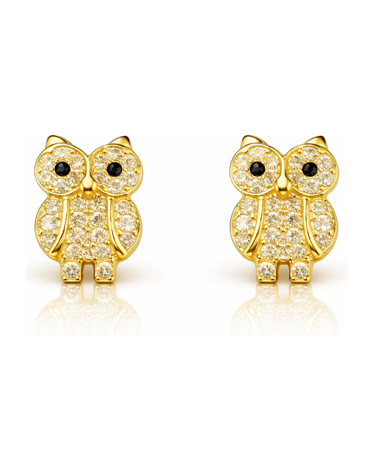 14K Yellow and White Gold Owl CZ Stud Earrings with Screw Back