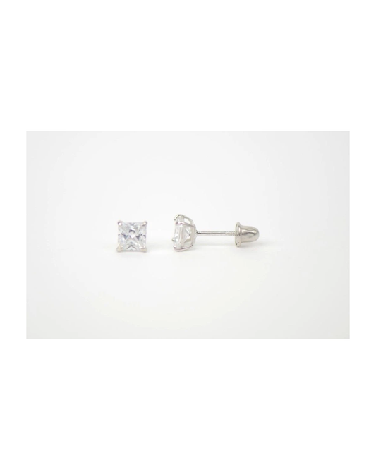 14K White Gold Square Princess Cut CZ Stud Earrings with Screw Back - 3mm to 7mm