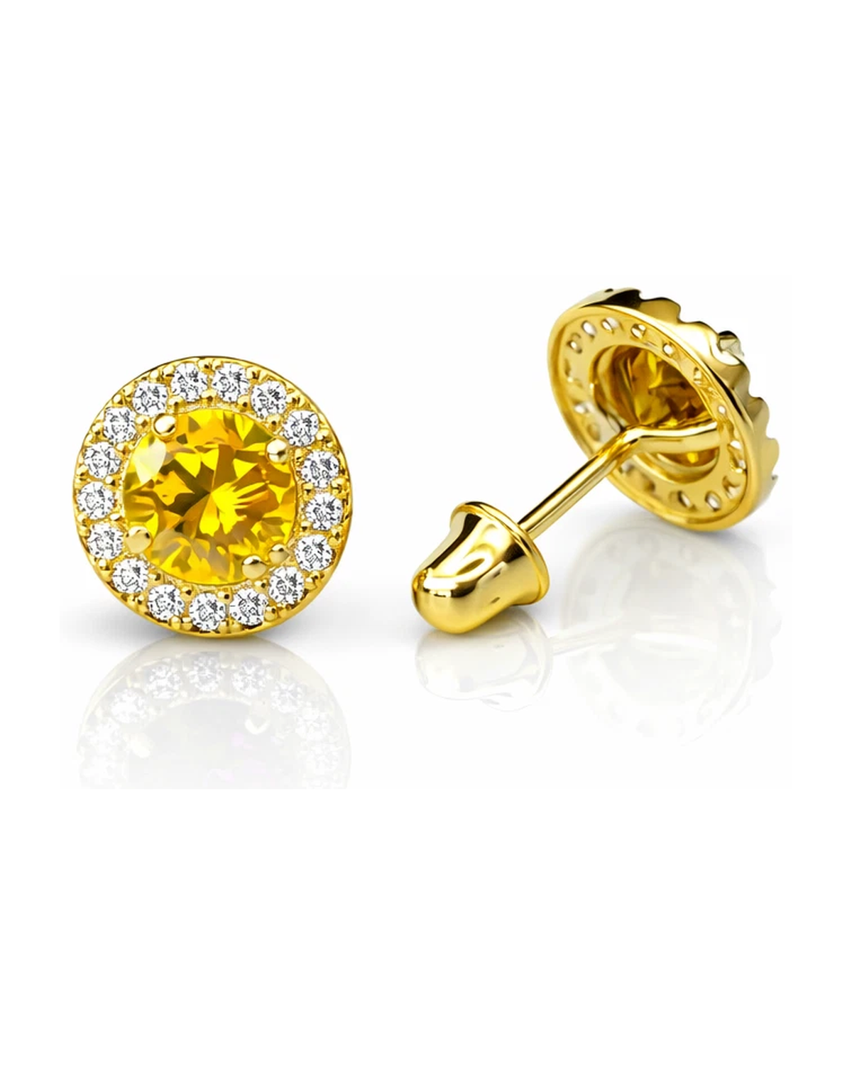 14K Yellow Gold Halo CZ Stud Earrings with Screw Back