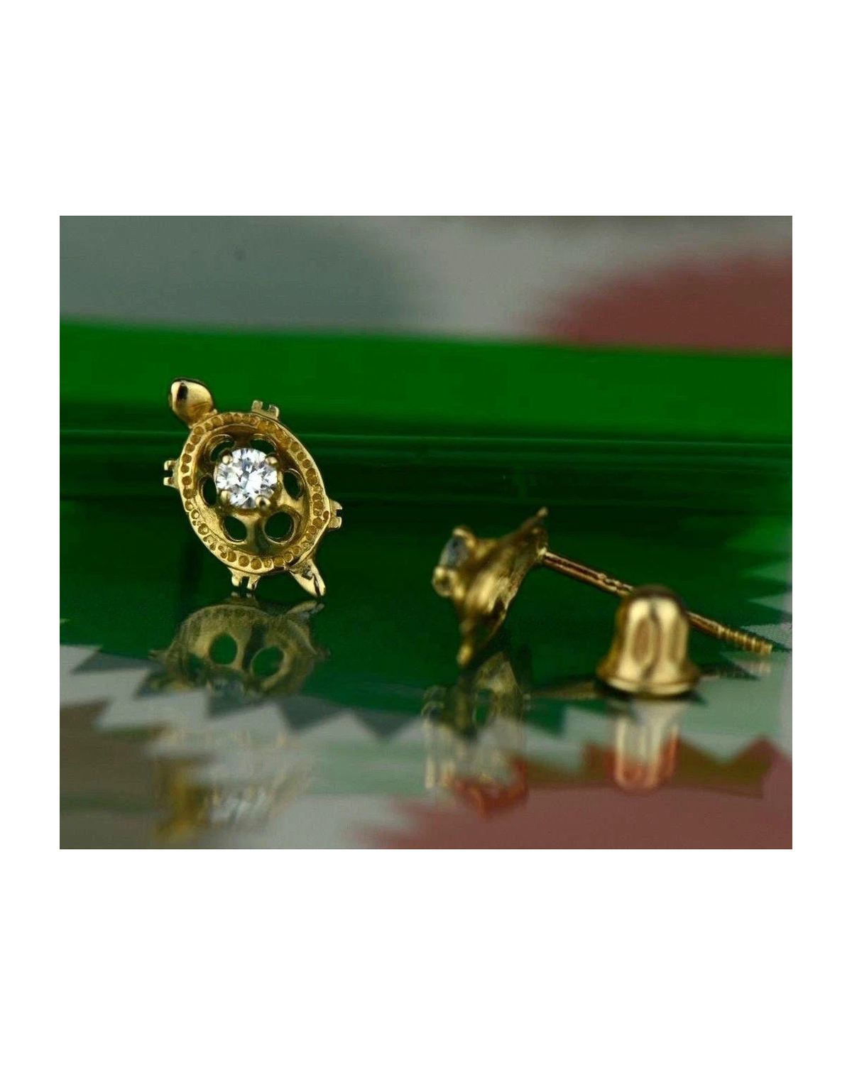 14K Yellow Gold Turtle CZ Stud Earrings with Screw Back