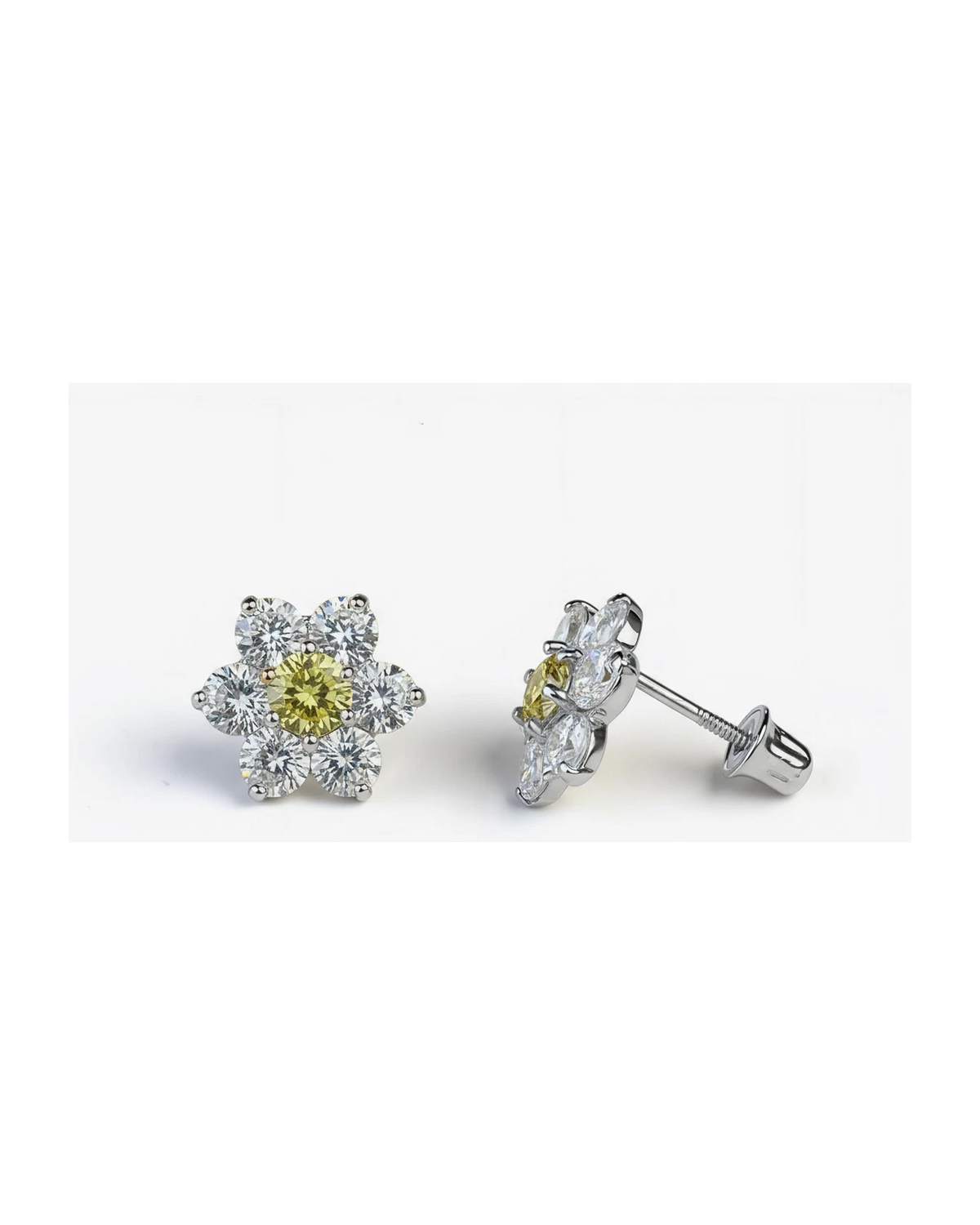 14K White Gold Flower CZ Stud Earrings with Screw Back