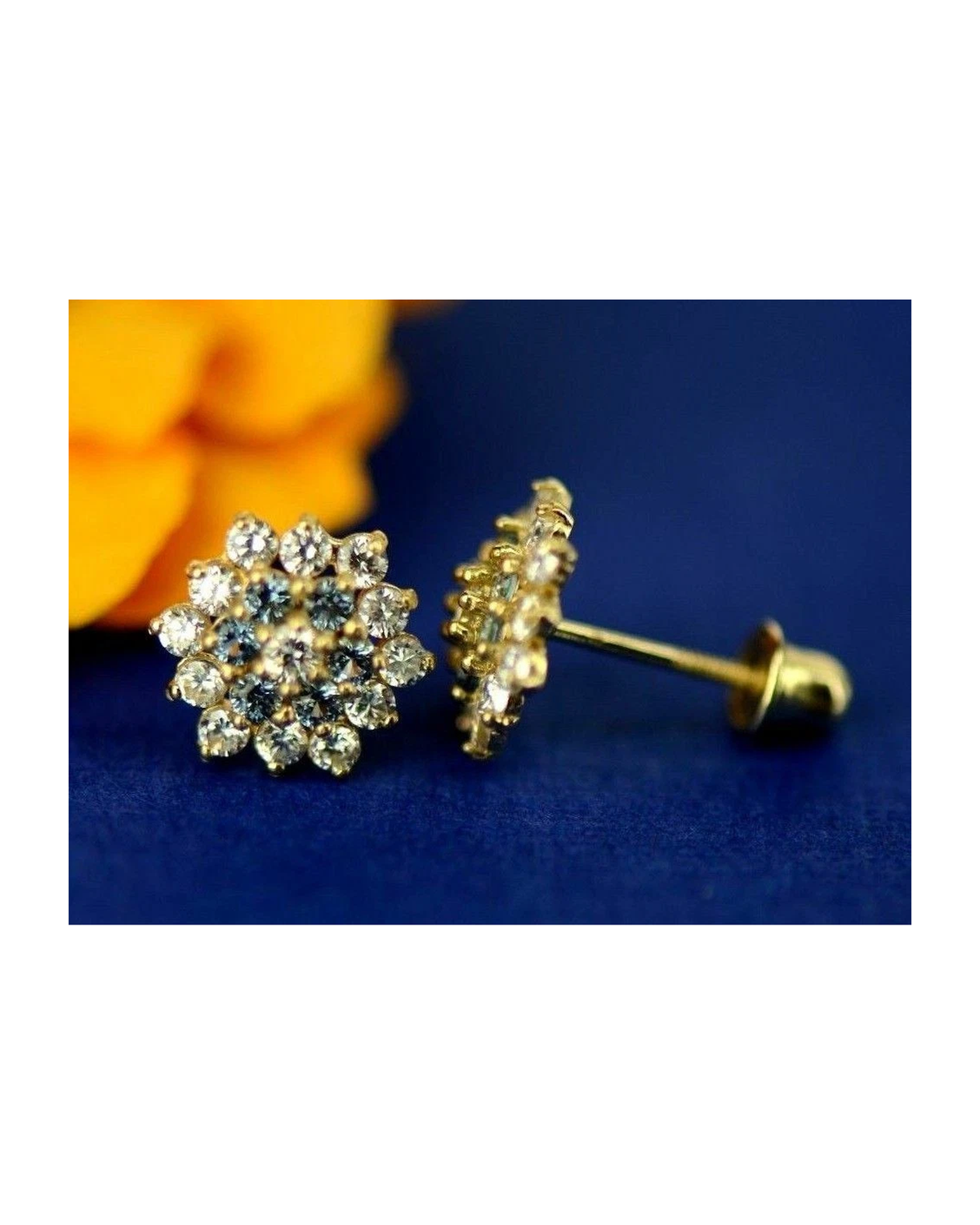 14K Yellow Gold Flower CZ Stud Earrings with Screw Back