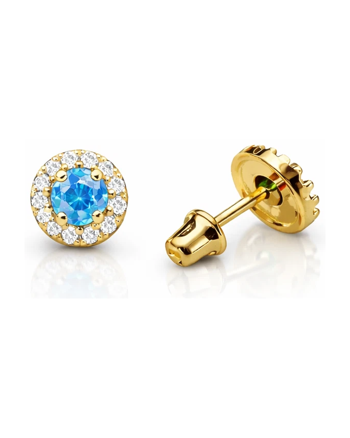 14K Yellow Gold Halo CZ Birthstone Stud Earrings with Screw Back