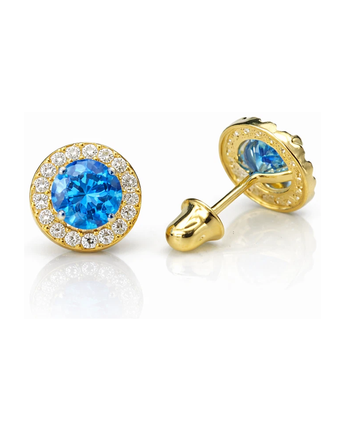 14K Yellow Gold Halo CZ Stud Earrings with Screw Back