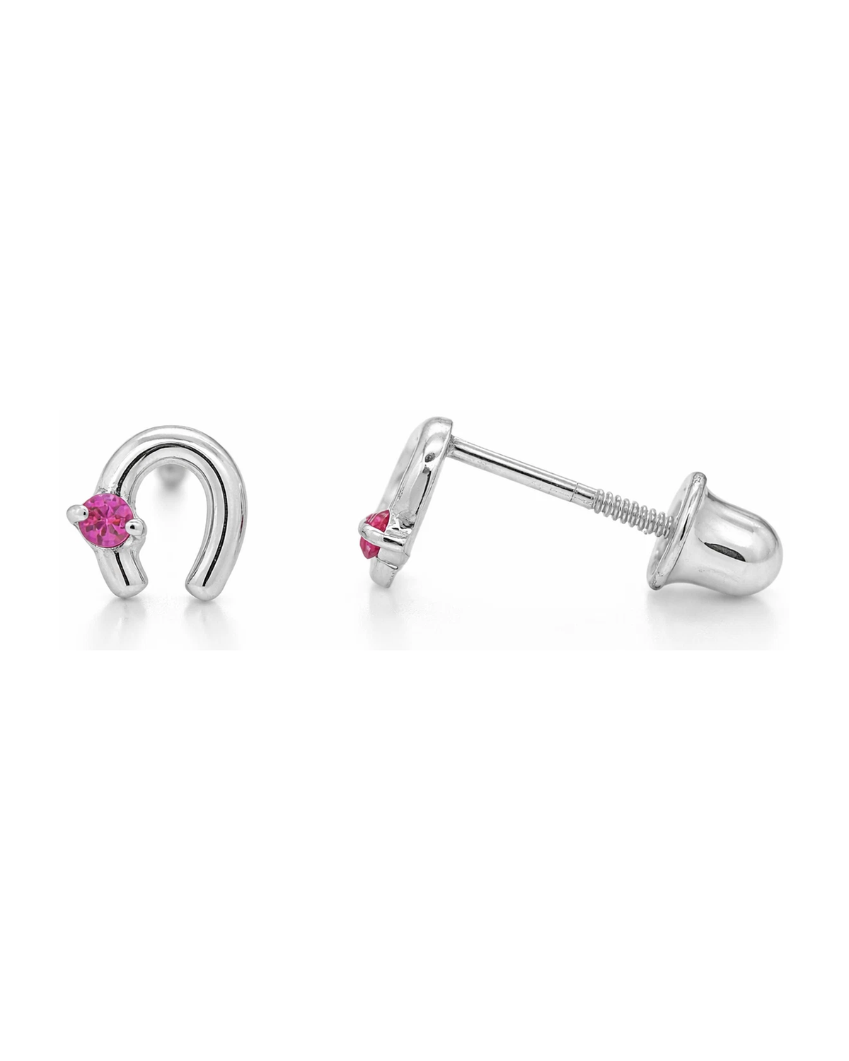 14K Yellow and White Gold Horseshoe CZ Stud Earrings with Screw Back - Clear, Pink and Ruby