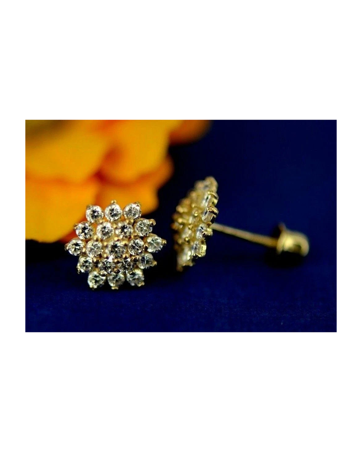 14K Yellow Gold Flower CZ Stud Earrings with Screw Back