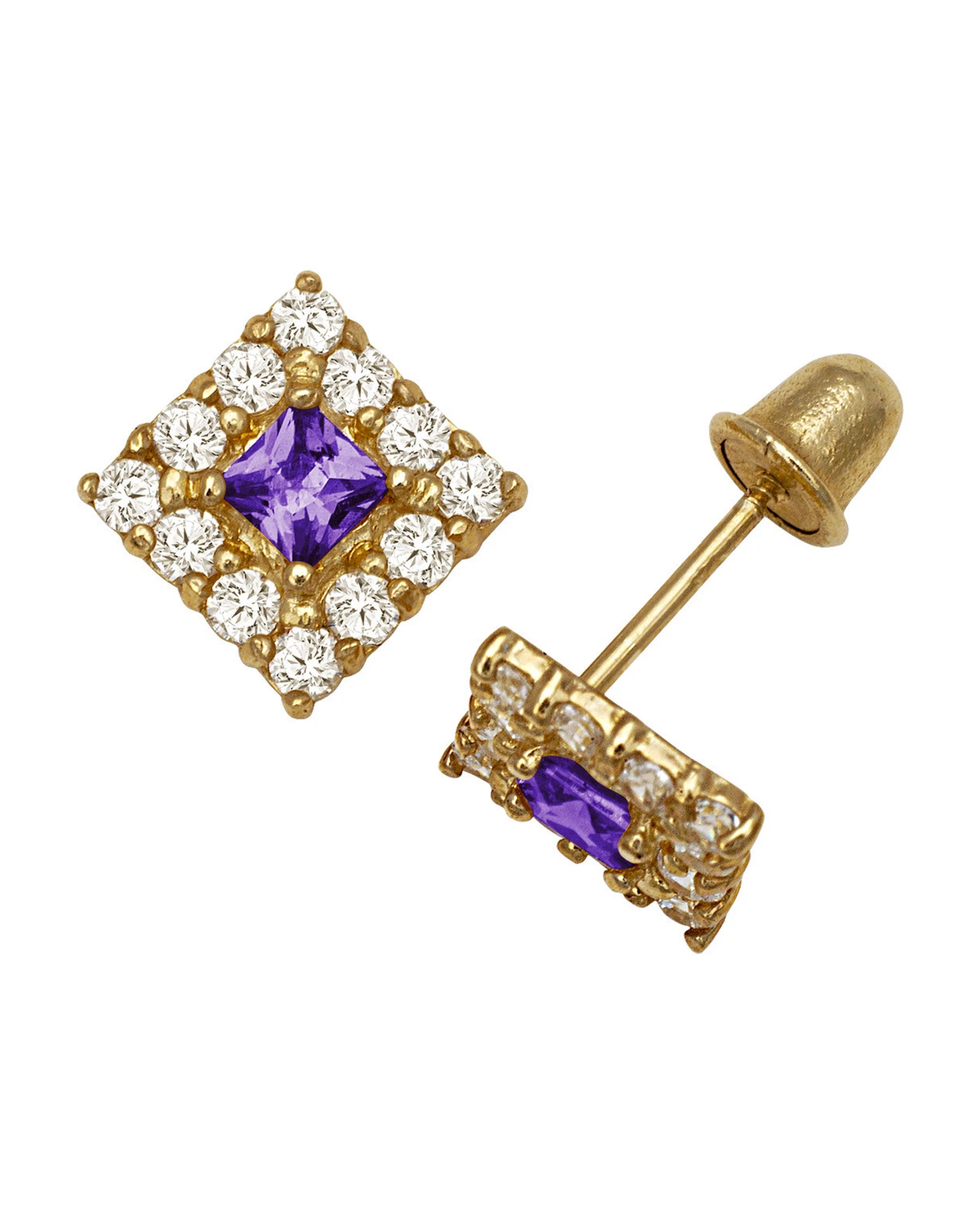 14K Yellow and White Gold CZ Birthstone Stud Earrings with Screw Back