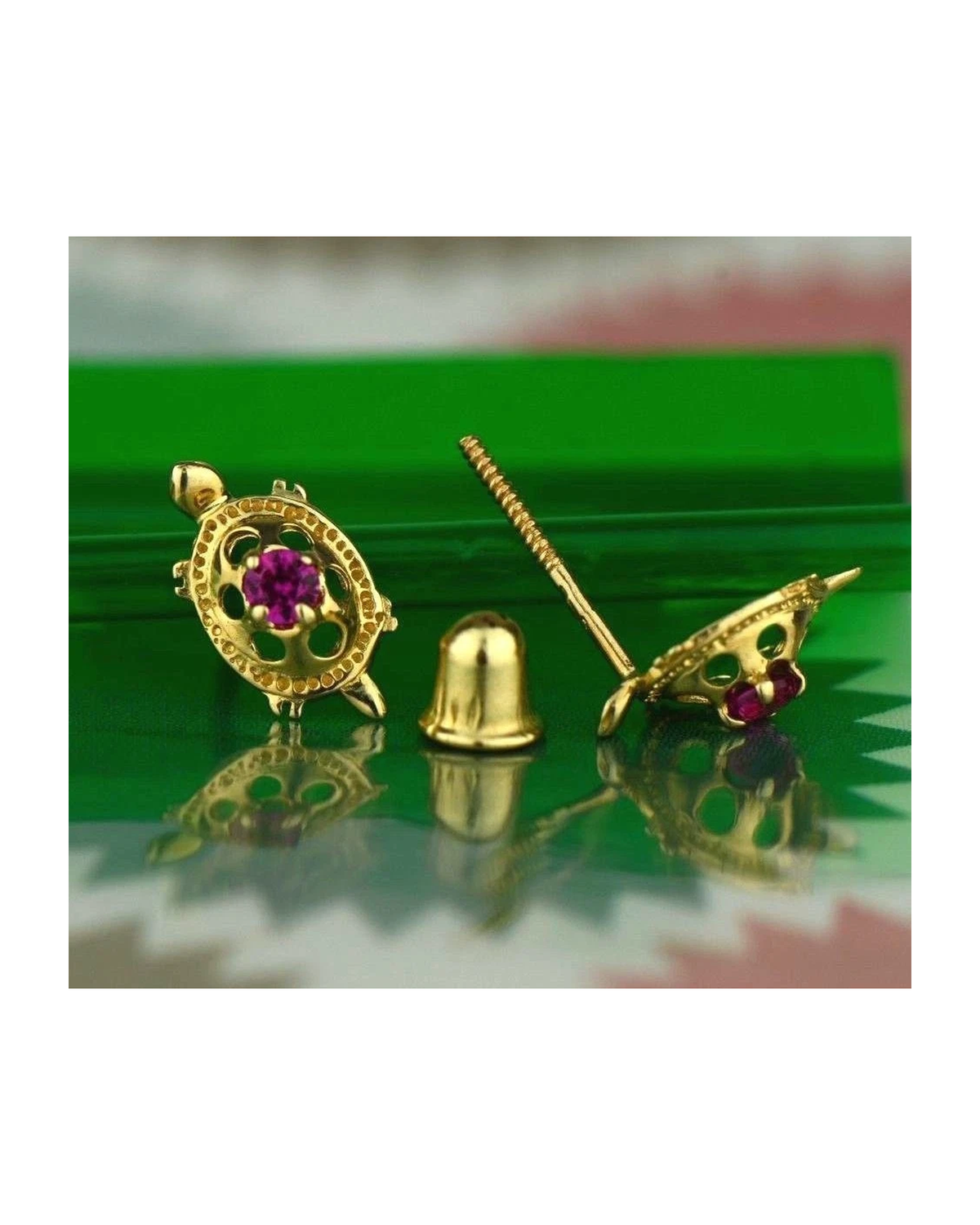 14K Yellow Gold Turtle CZ Stud Earrings with Screw Back