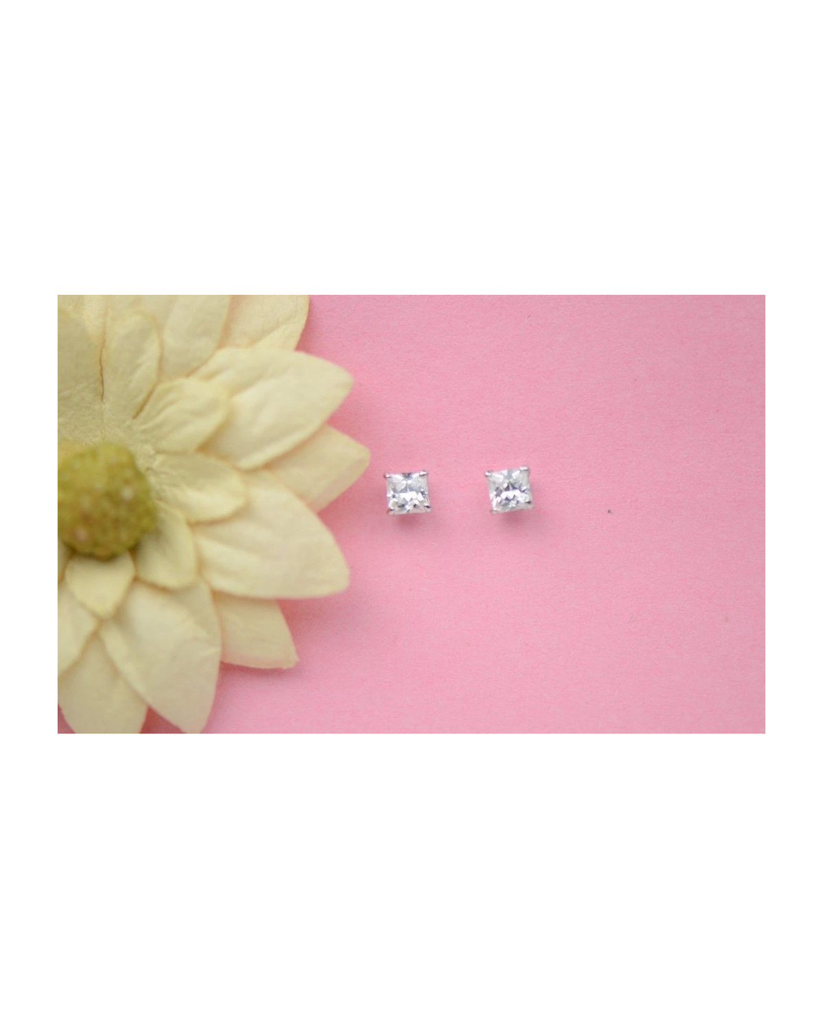 14K White Gold Square Princess Cut CZ Stud Earrings with Screw Back - 3mm to 7mm