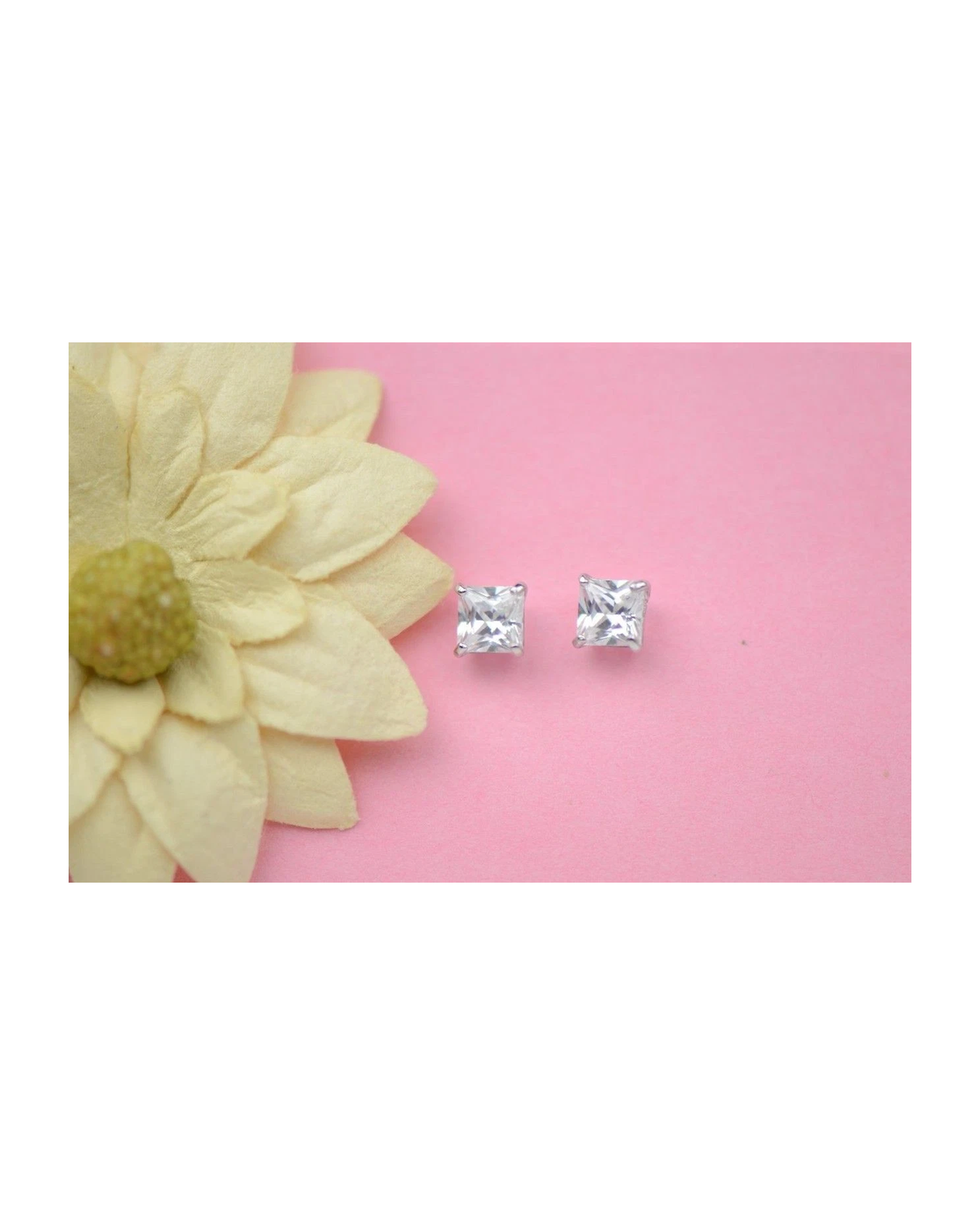 14K White Gold Square Princess Cut CZ Stud Earrings with Screw Back - 3mm to 7mm